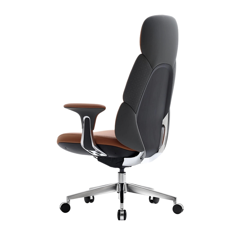 Dark gray leather office chair with padded arms and steel base on casters