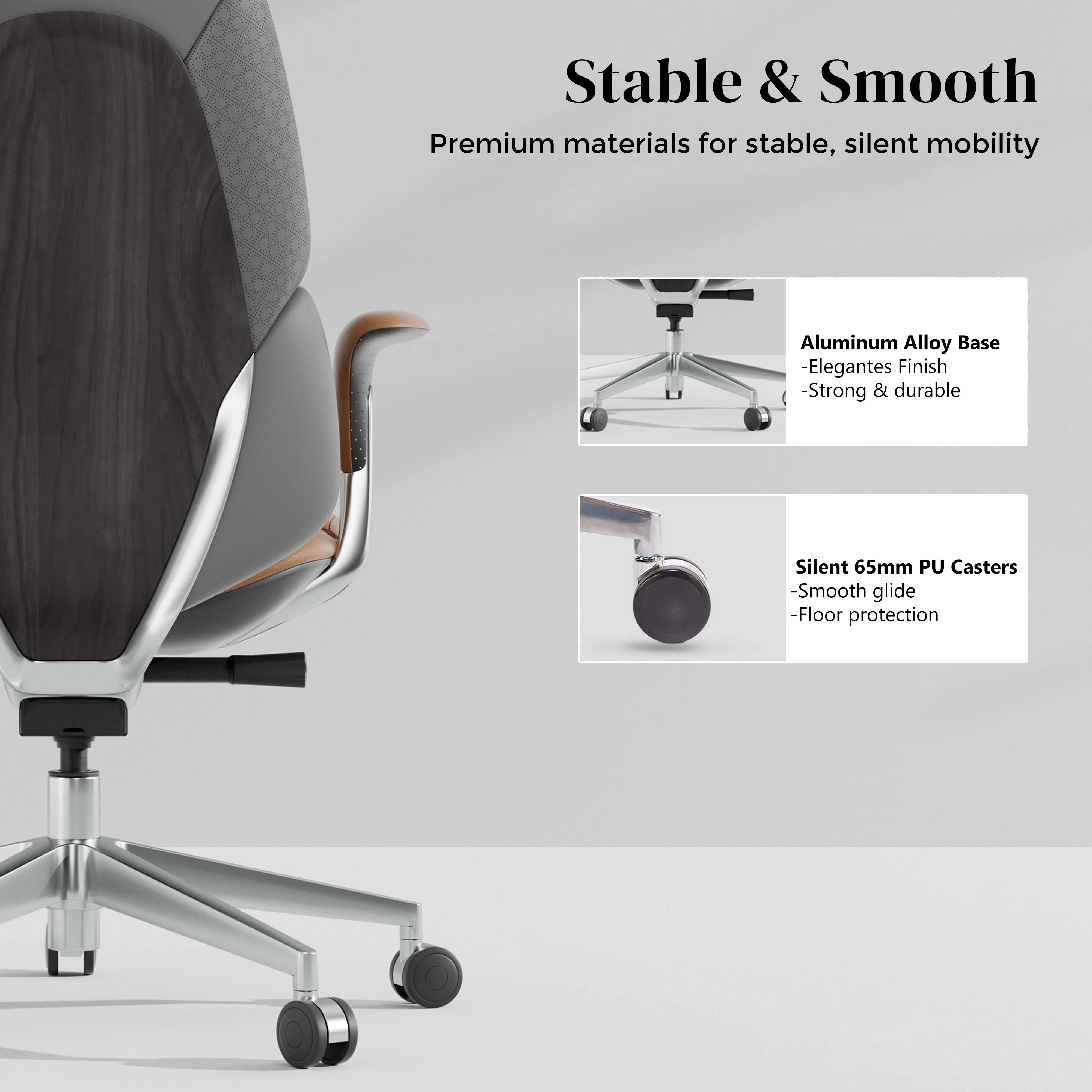 Dark leather office chair with chrome base and rolling caster wheels