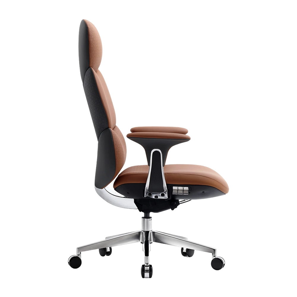 Brown and black leather office chair, side view with headrest, curved base, rolling caster feet