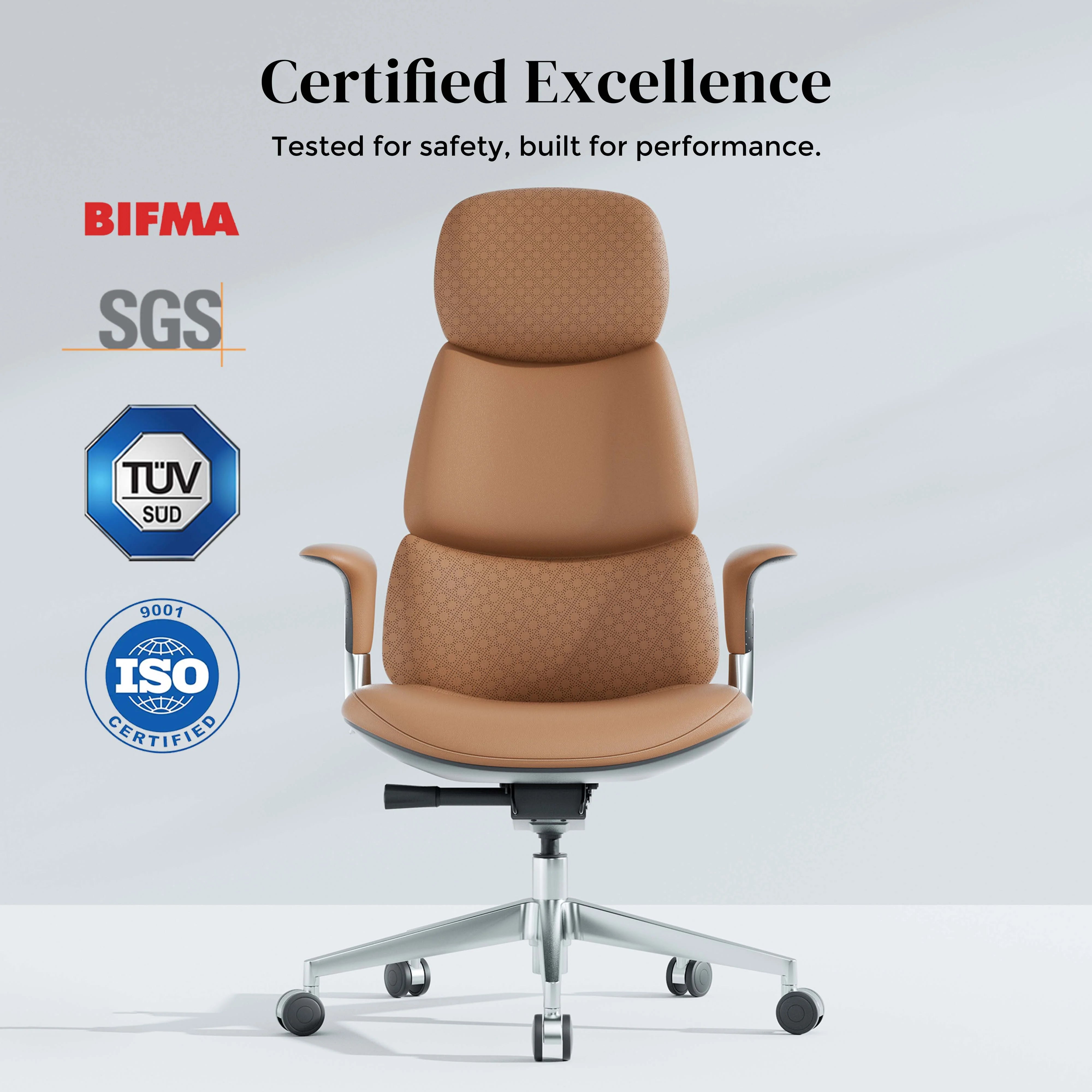 Brown leather office chair with textured upholstery, armrests, and chrome five-wheel base