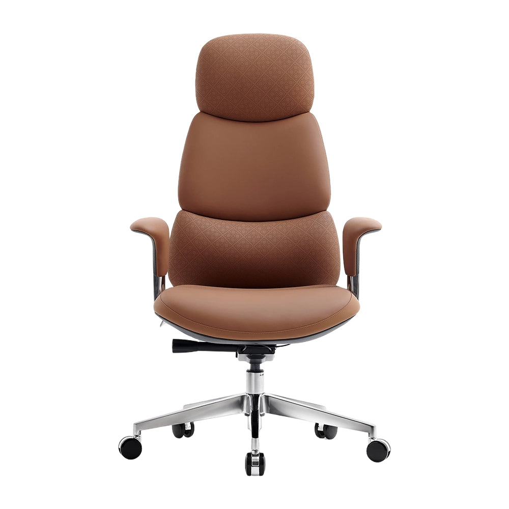 Brown leather office chair, front view with headrest, textured back, curved seat, rolling base