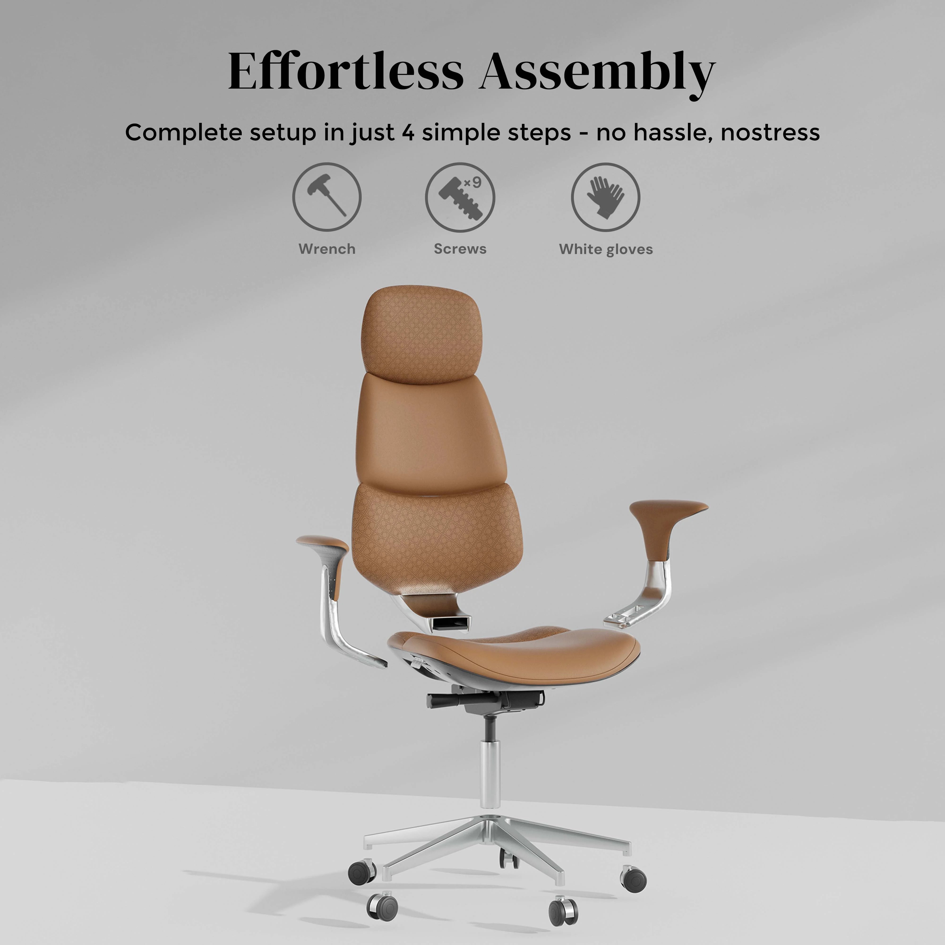 Brown leather office chair with perforated headrest and curved padded backrest