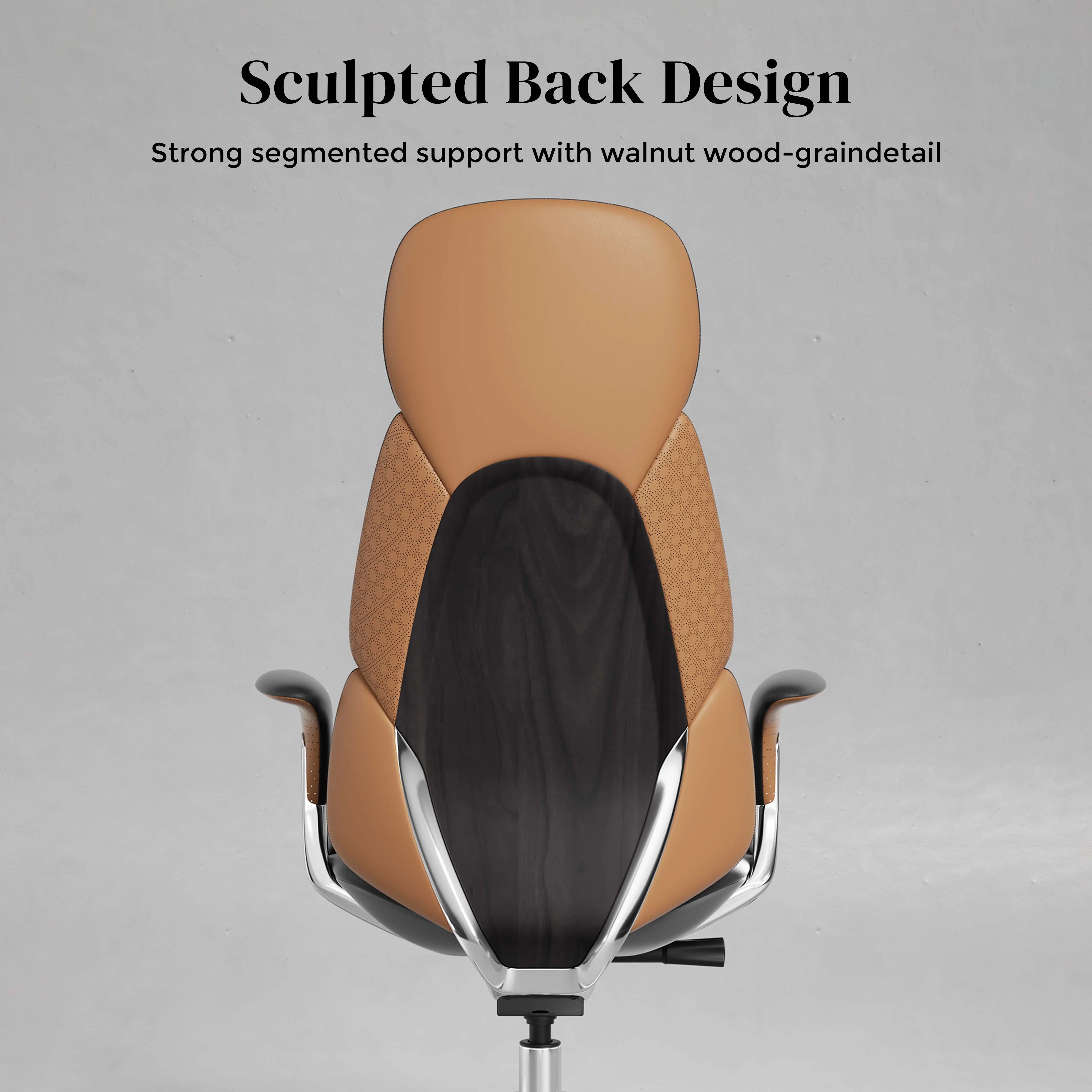 Tan and black leather office chair with sculpted backrest, armrests, and metal base