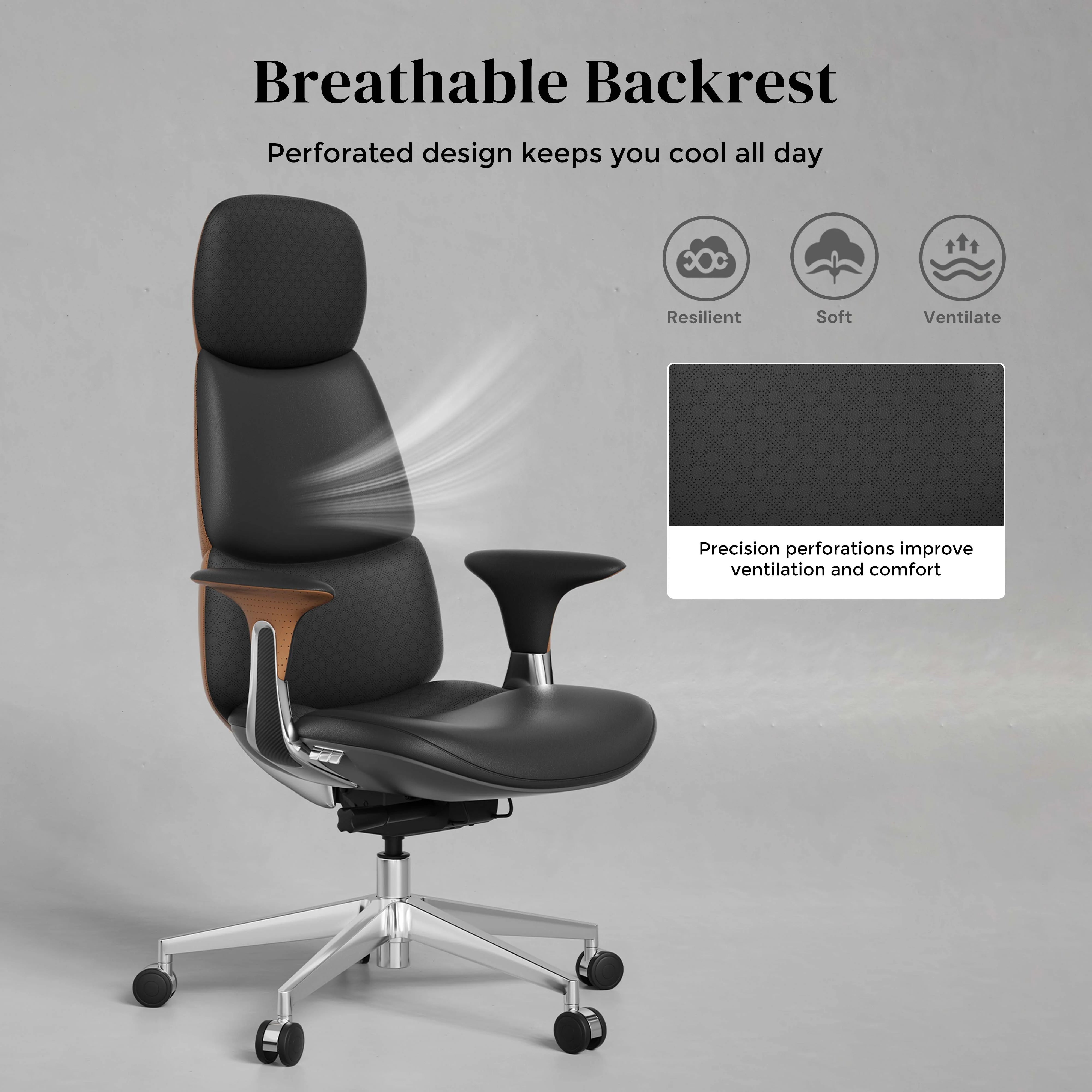 Black leather office chair with perforated backrest and five-star caster base