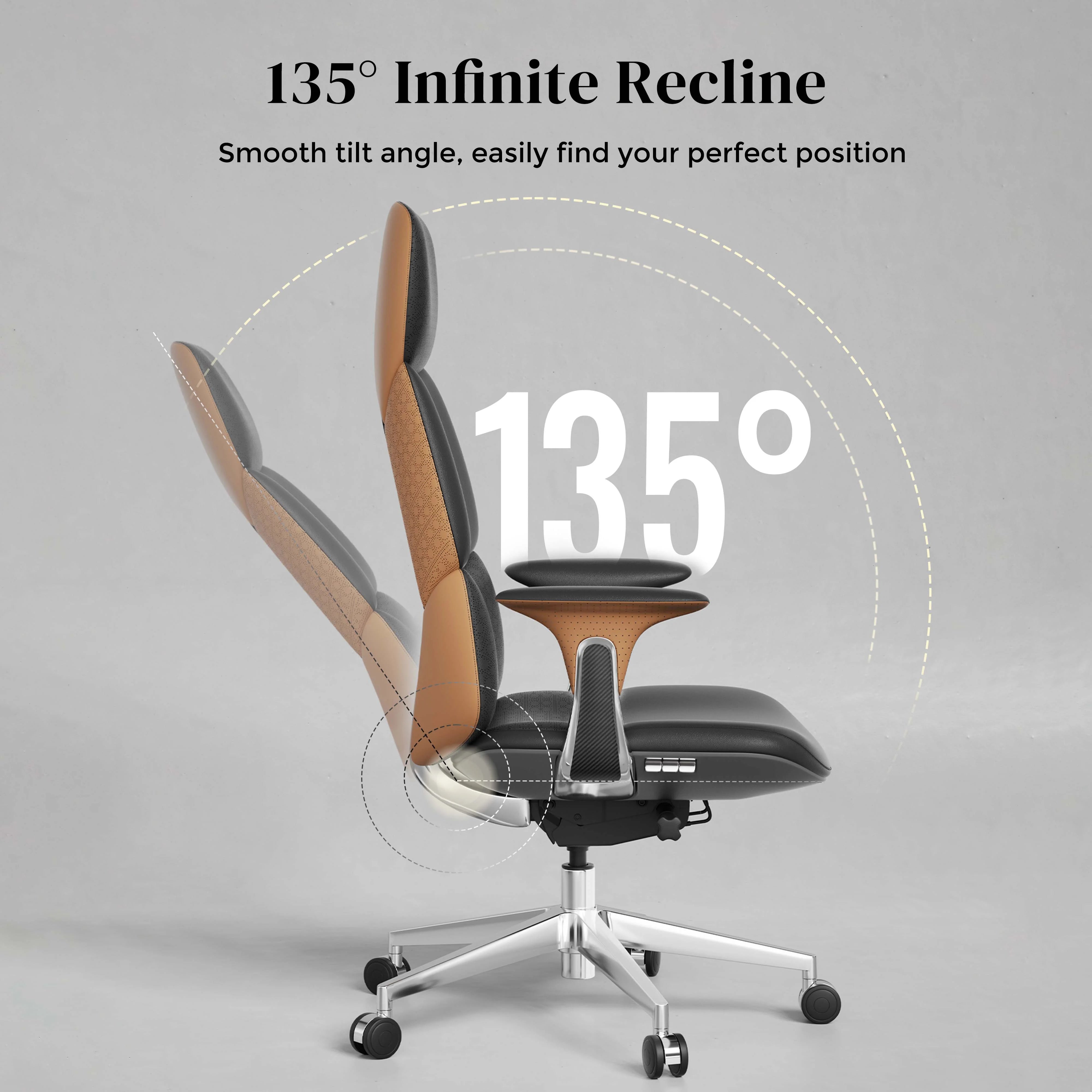 Leather office chair with orange-brown back panels, dark seat, and silver wheeled base
