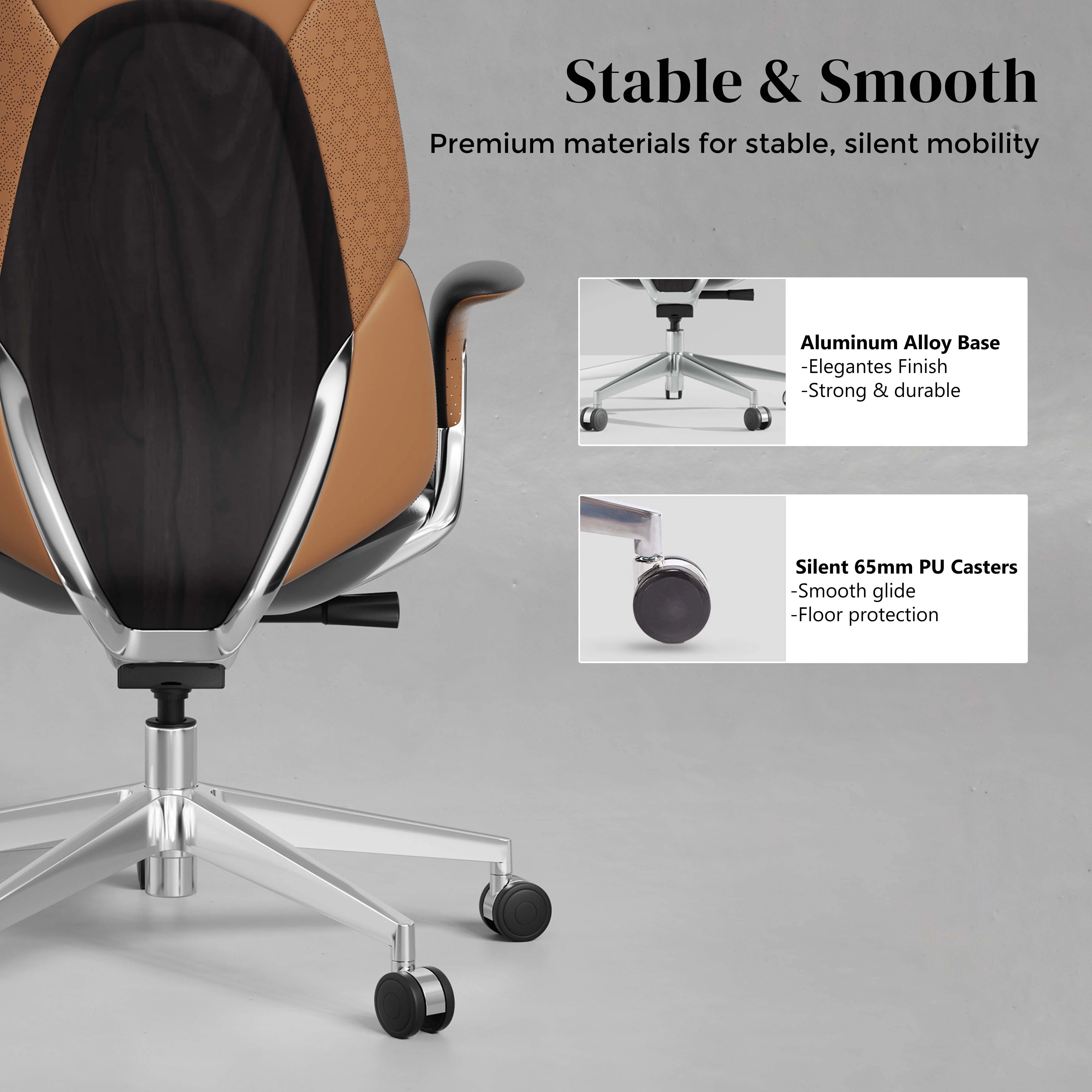 Office chair with black leather backrest and armrest, plus silver base and caster wheels