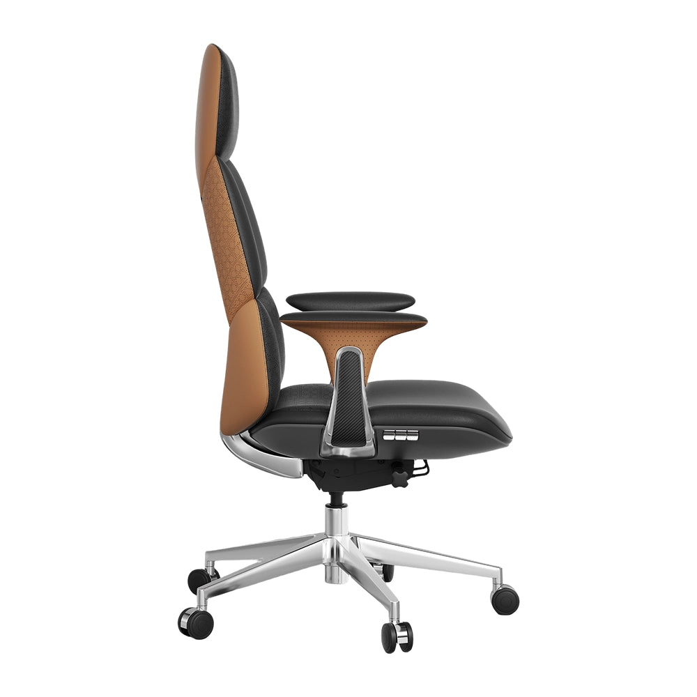 Black office chair with tan side panels, padded seat, and chrome base with casters