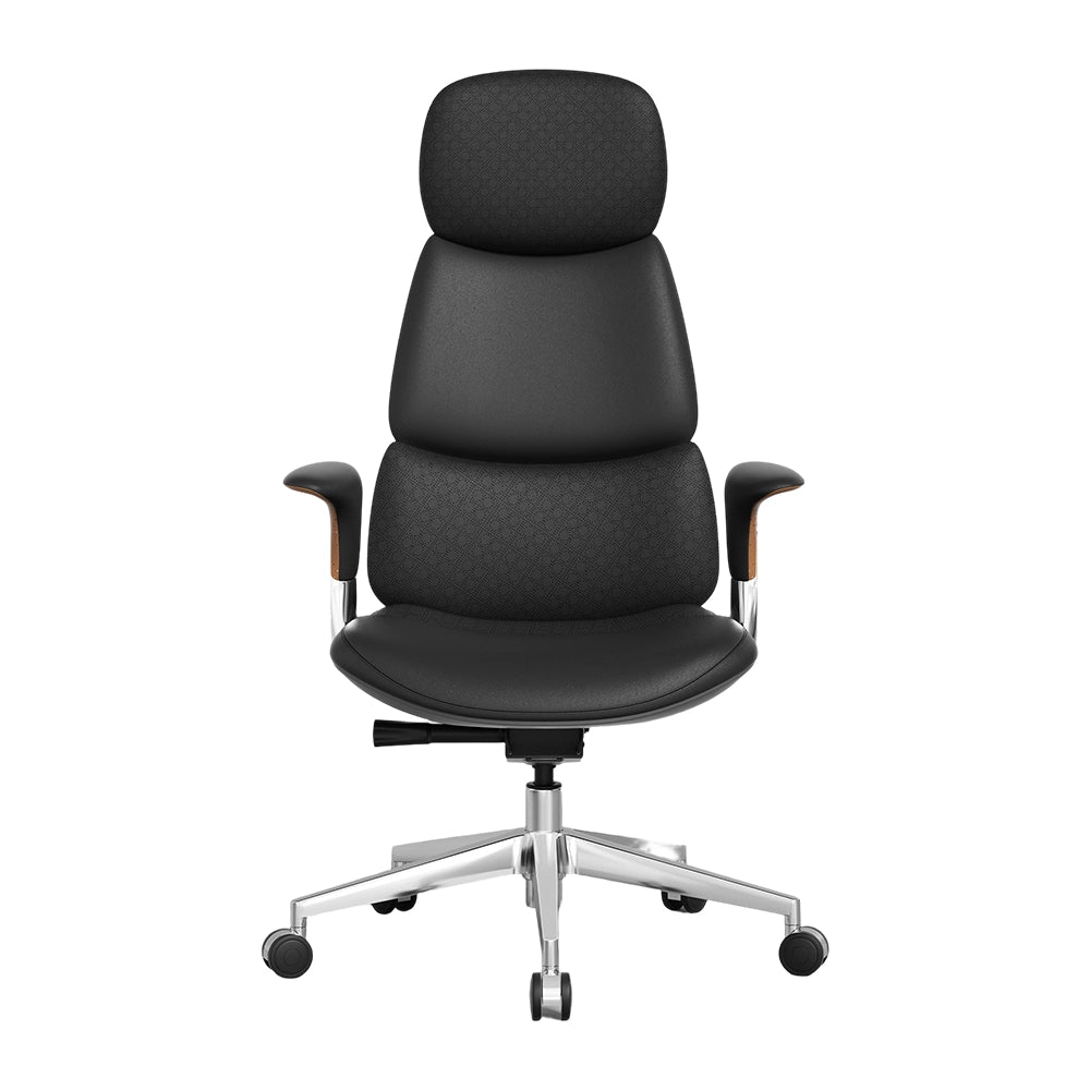 Black office chair with padded headrest, armrests, and chrome base with rolling casters