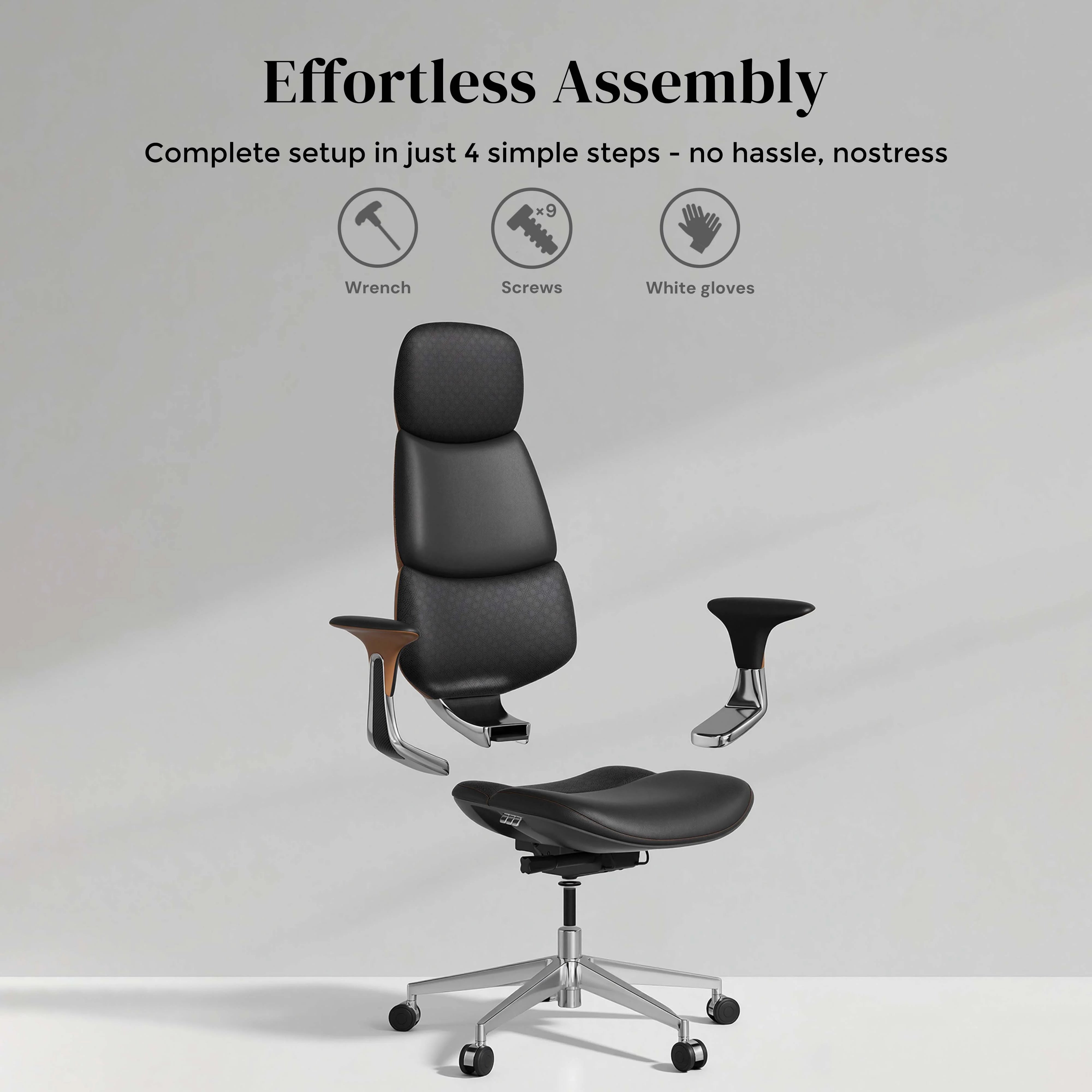 Black leather office chair with curved backrest, armrests, and five-star caster base