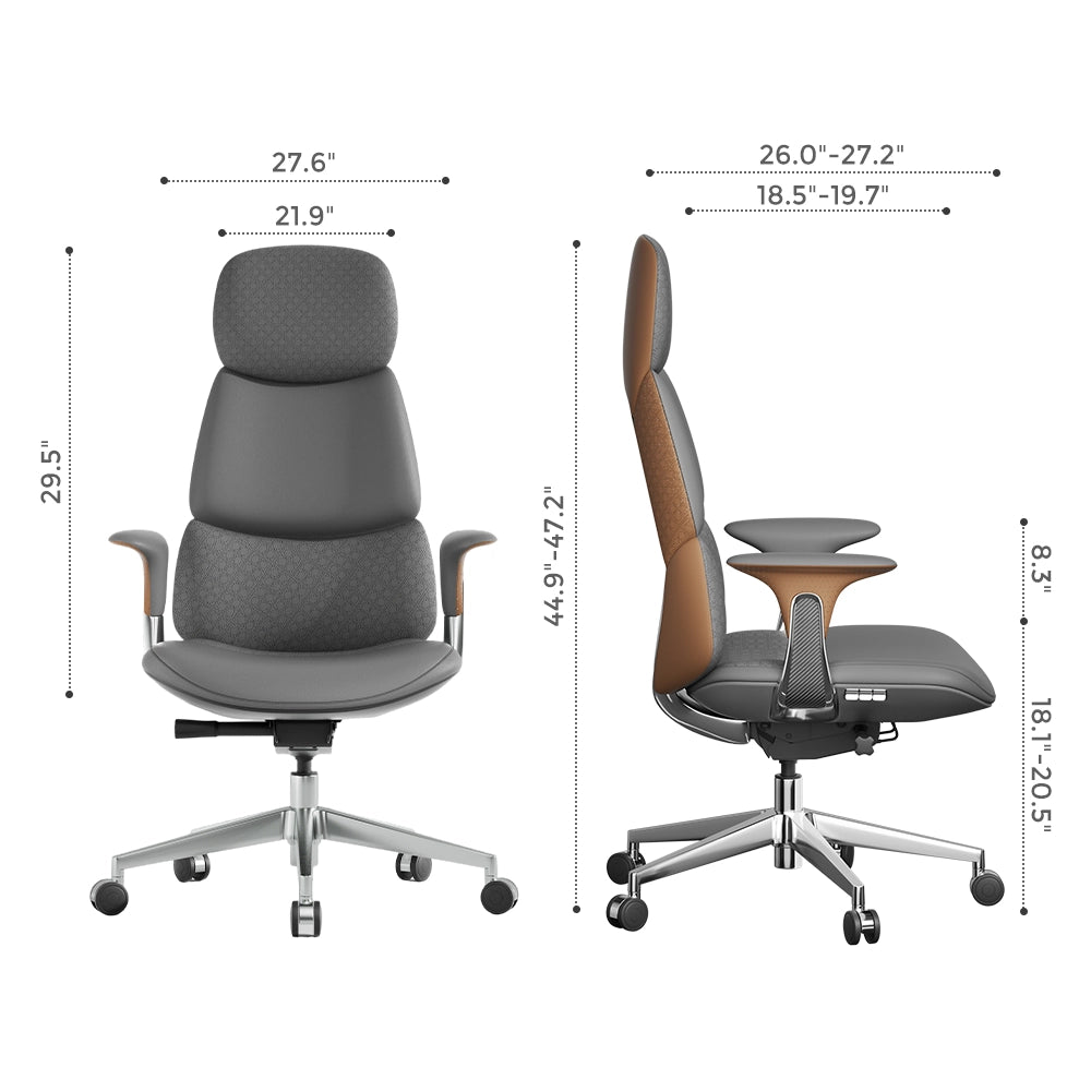 Nyla leather office chair dimensions view, gray upholstery, armrests and chrome star base