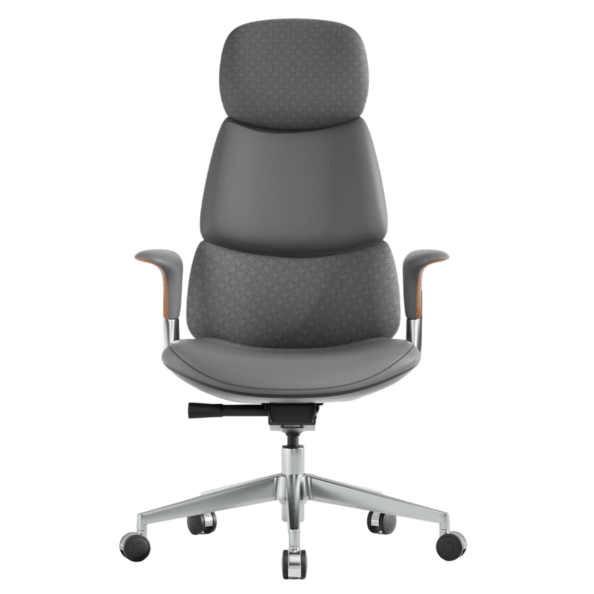 Gray office chair with padded headrest, armrests, and chrome base with rolling casters