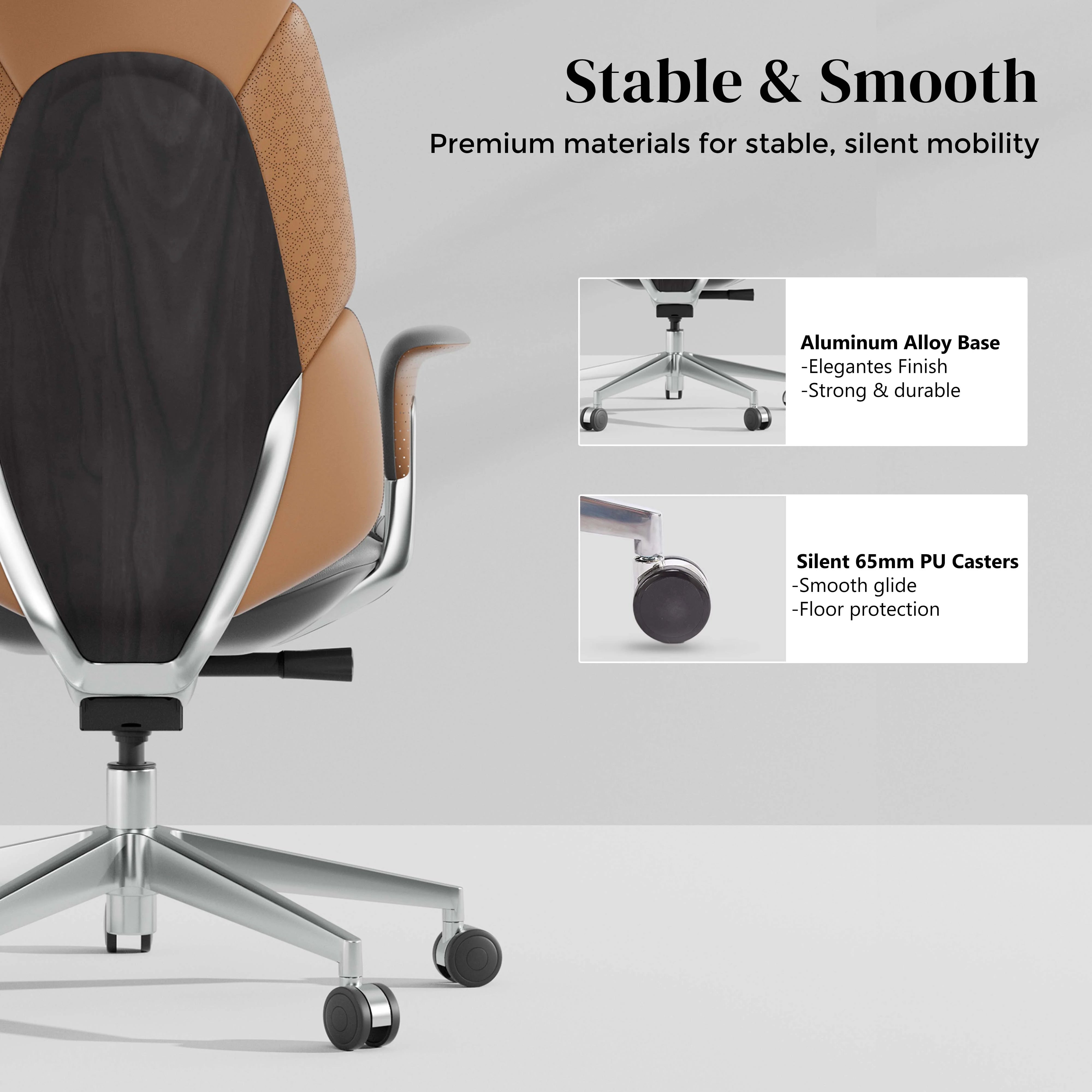 Black and tan leather office chair with curved arms, wheeled base, and ergonomic back