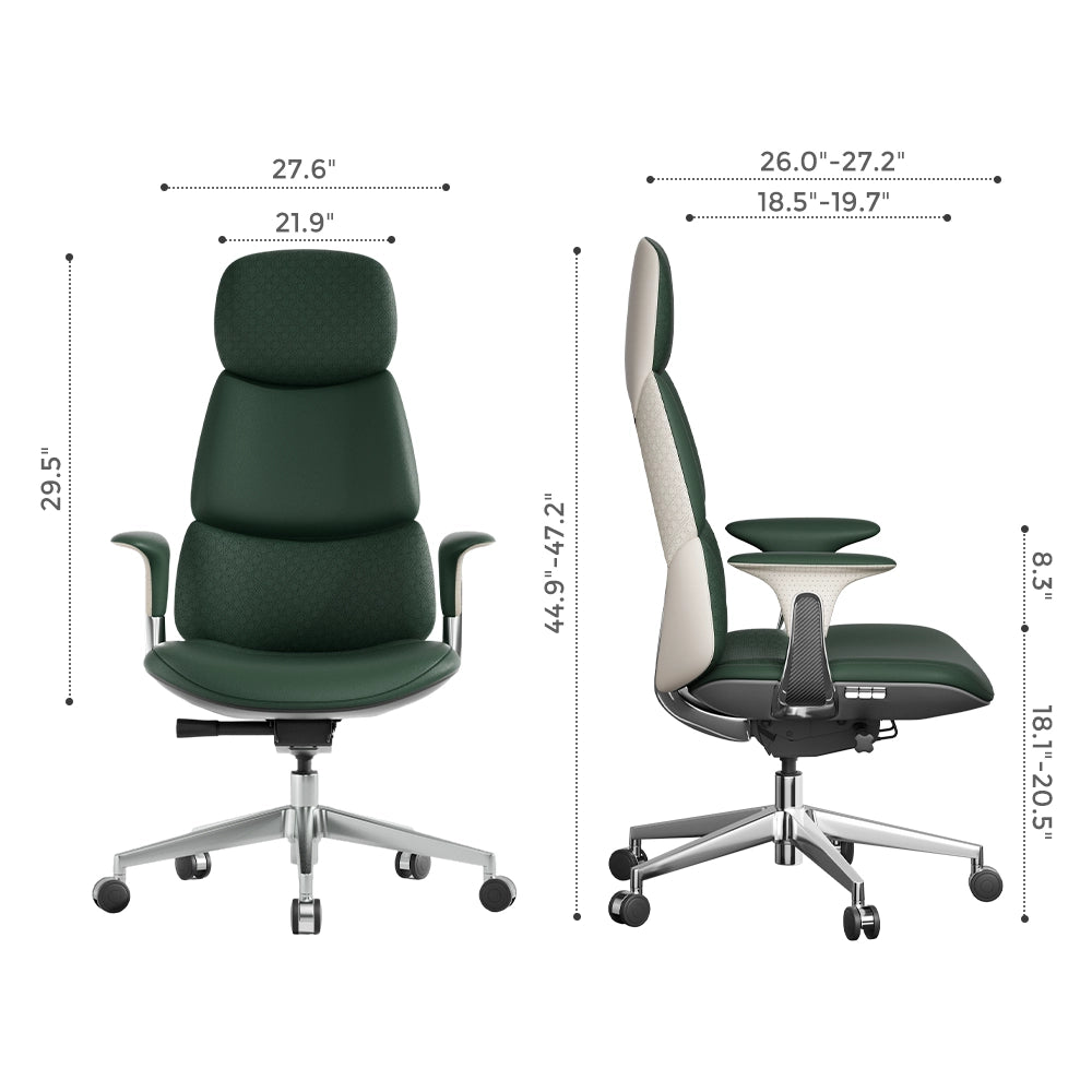 Nyla leather chair in dark green with rounded backrest and armrests on swivel base