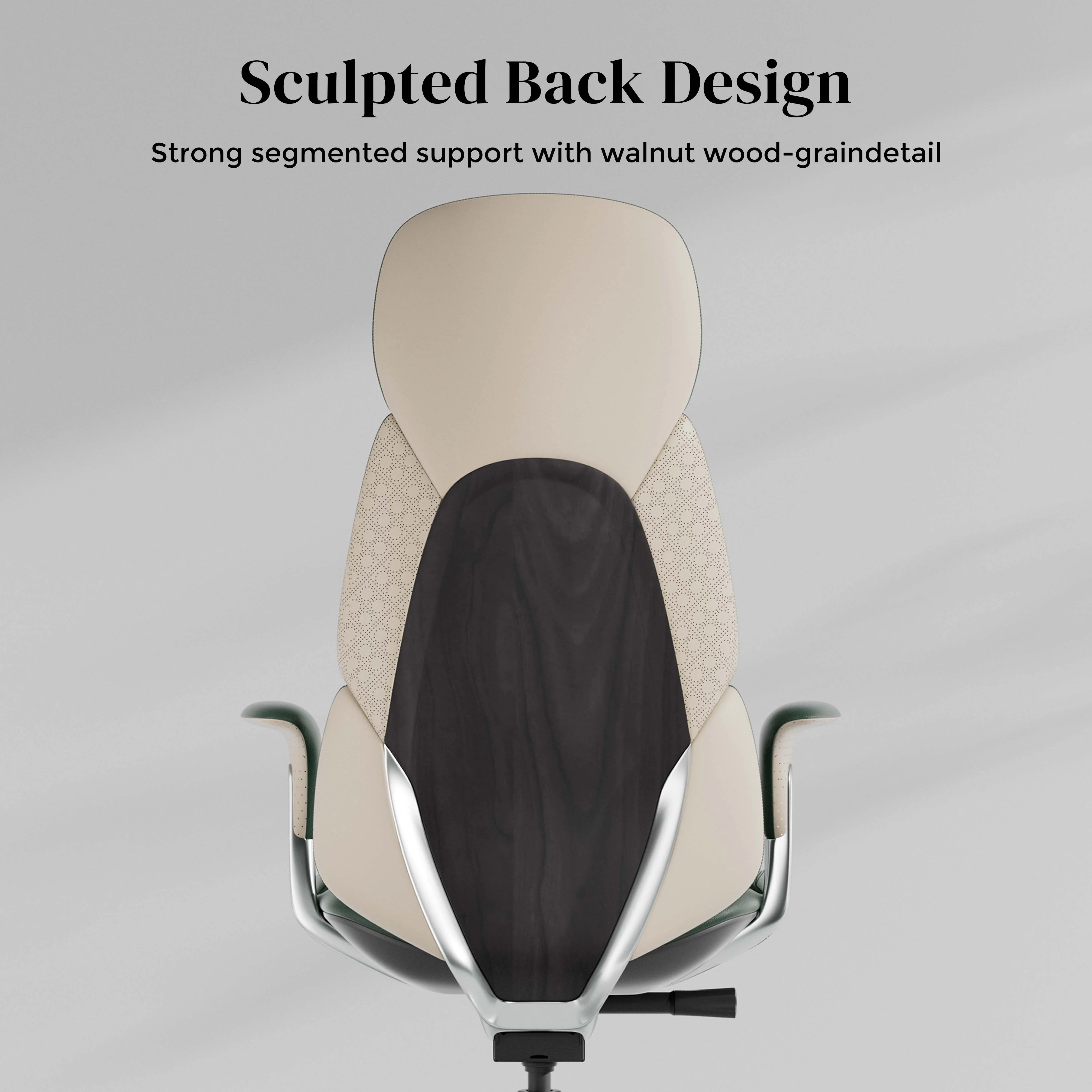 Cream leather office chair with sculpted back, dark back panel, and metal rolling base