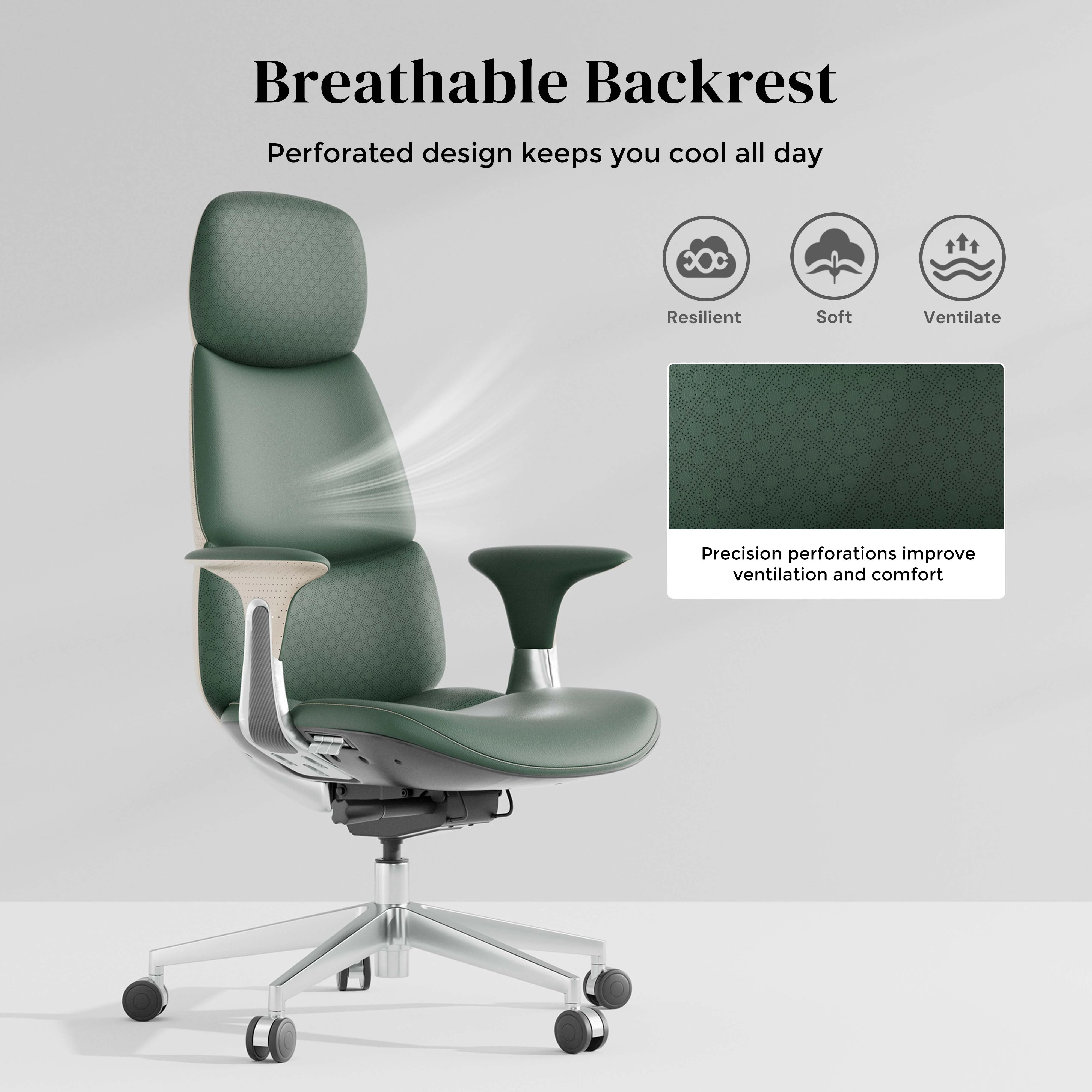 Green leather office chair with perforated breathable backrest and contoured seat cushion
