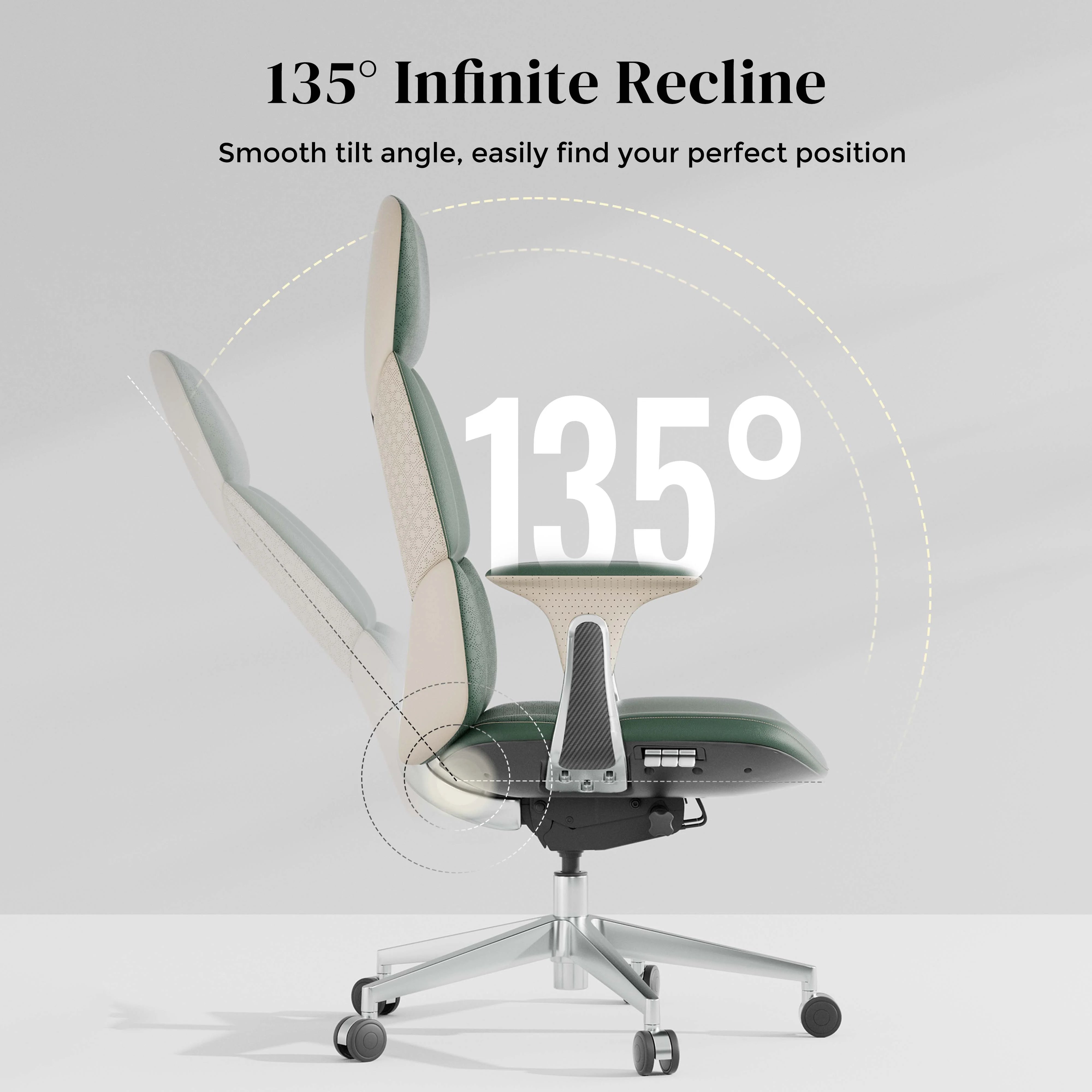 Green office chair tilted back with chrome base, armrests, and control area