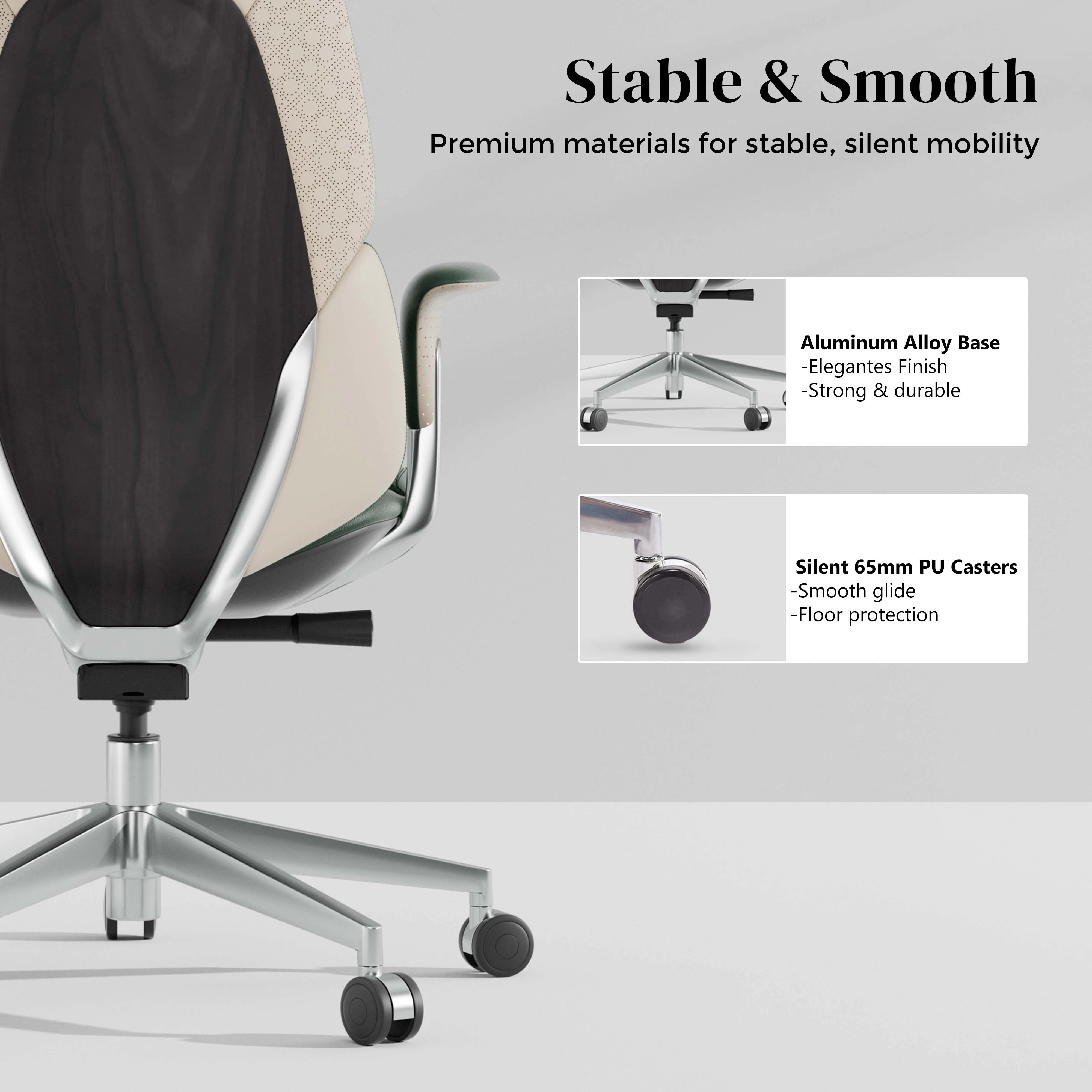 Beige and black leather office chair with sculpted arms and rolling caster base