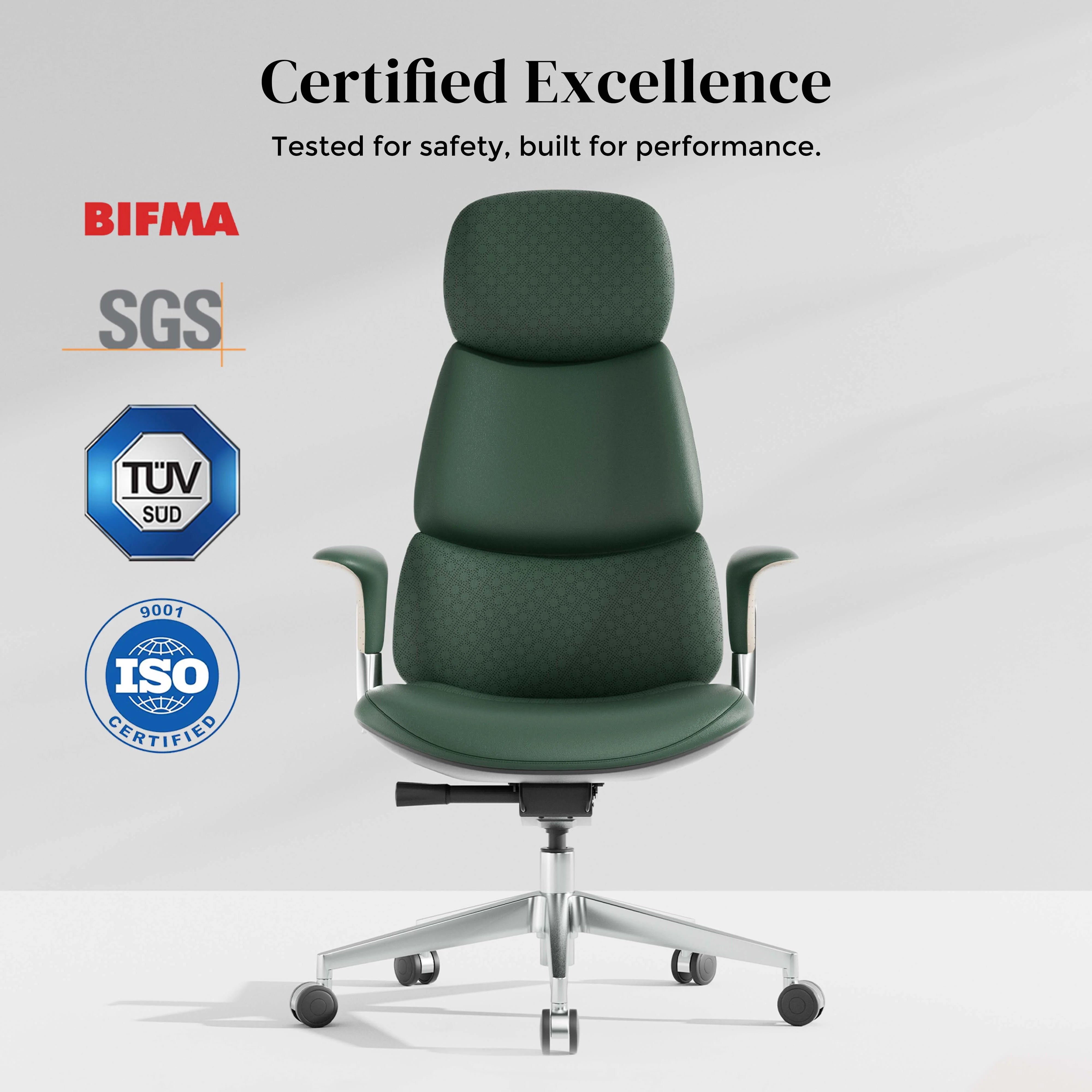 Green leather office chair with segmented back, armrests, and chrome wheeled pedestal base