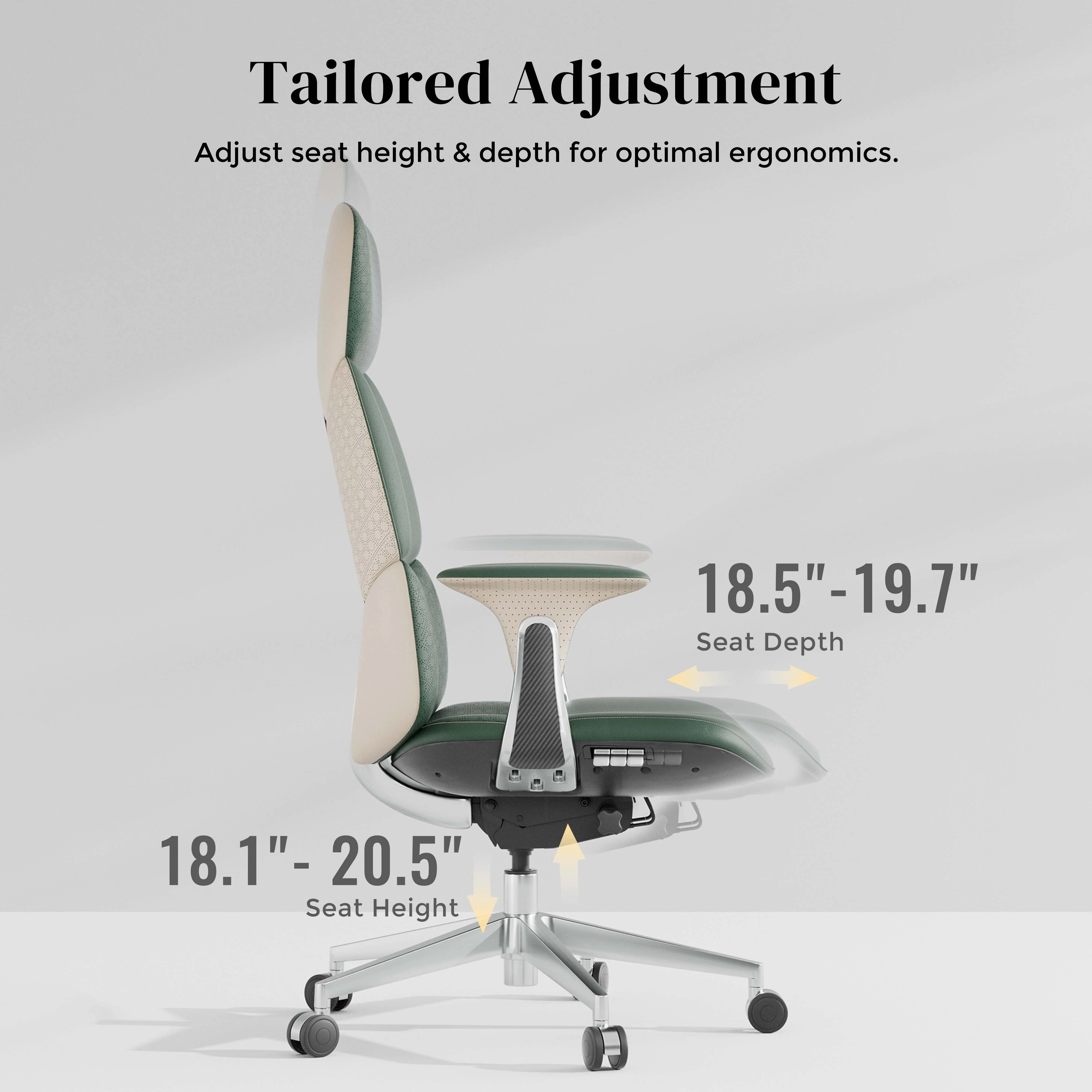 Green leather office chair with adjustable seat height and depth, on rolling base