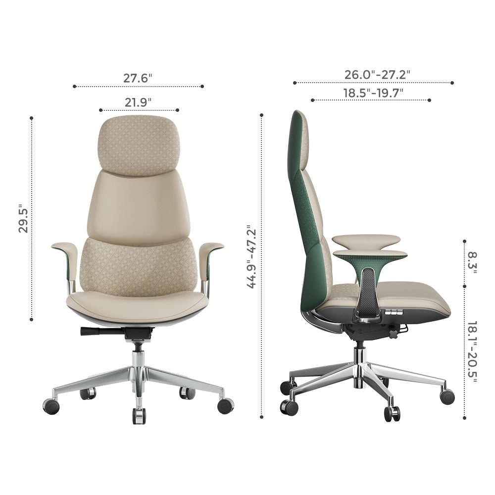Nyla leather chair in light beige with rounded backrest and armrests on swivel base
