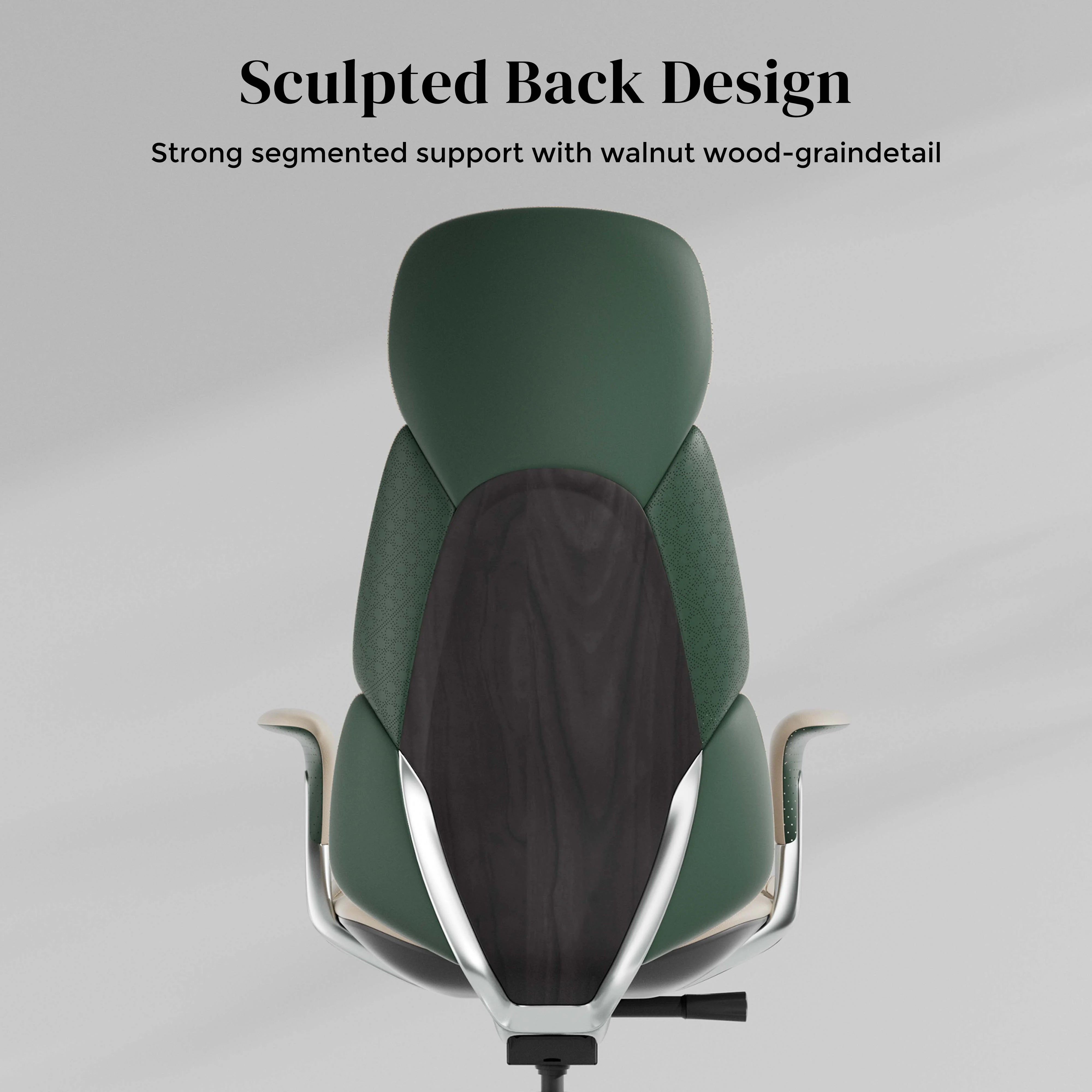 Green office chair with dark back panel and sculpted backrest, on chrome base with casters