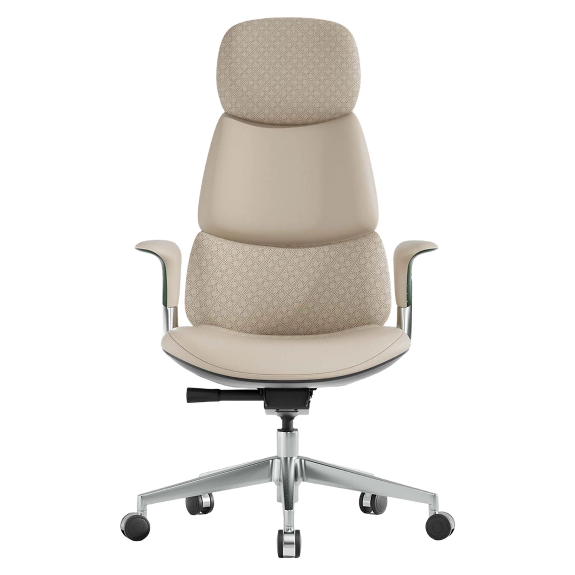 Beige office chair with padded headrest, armrests, and chrome base with casters