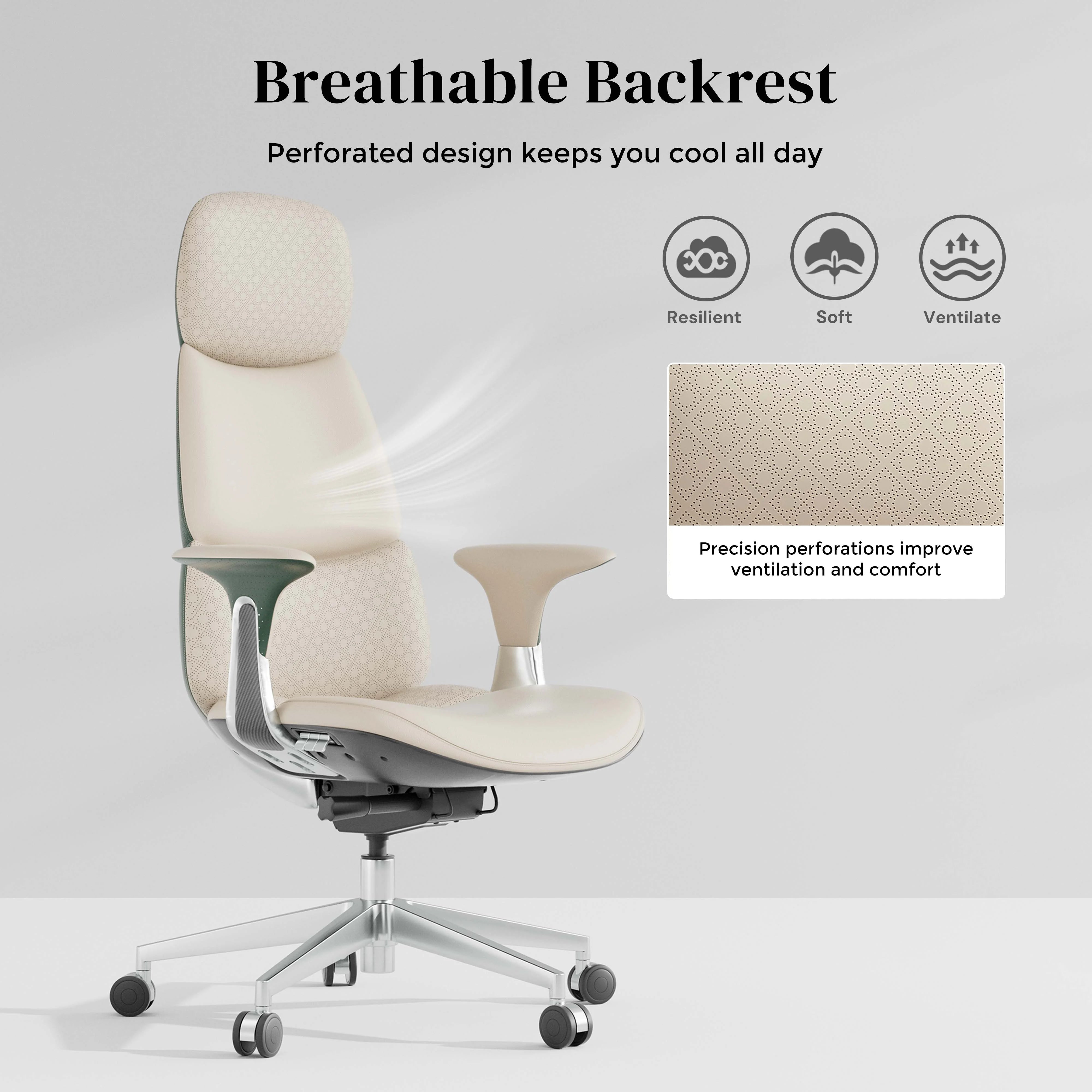 Cream office chair with breathable perforated backrest and contoured seat on chrome base