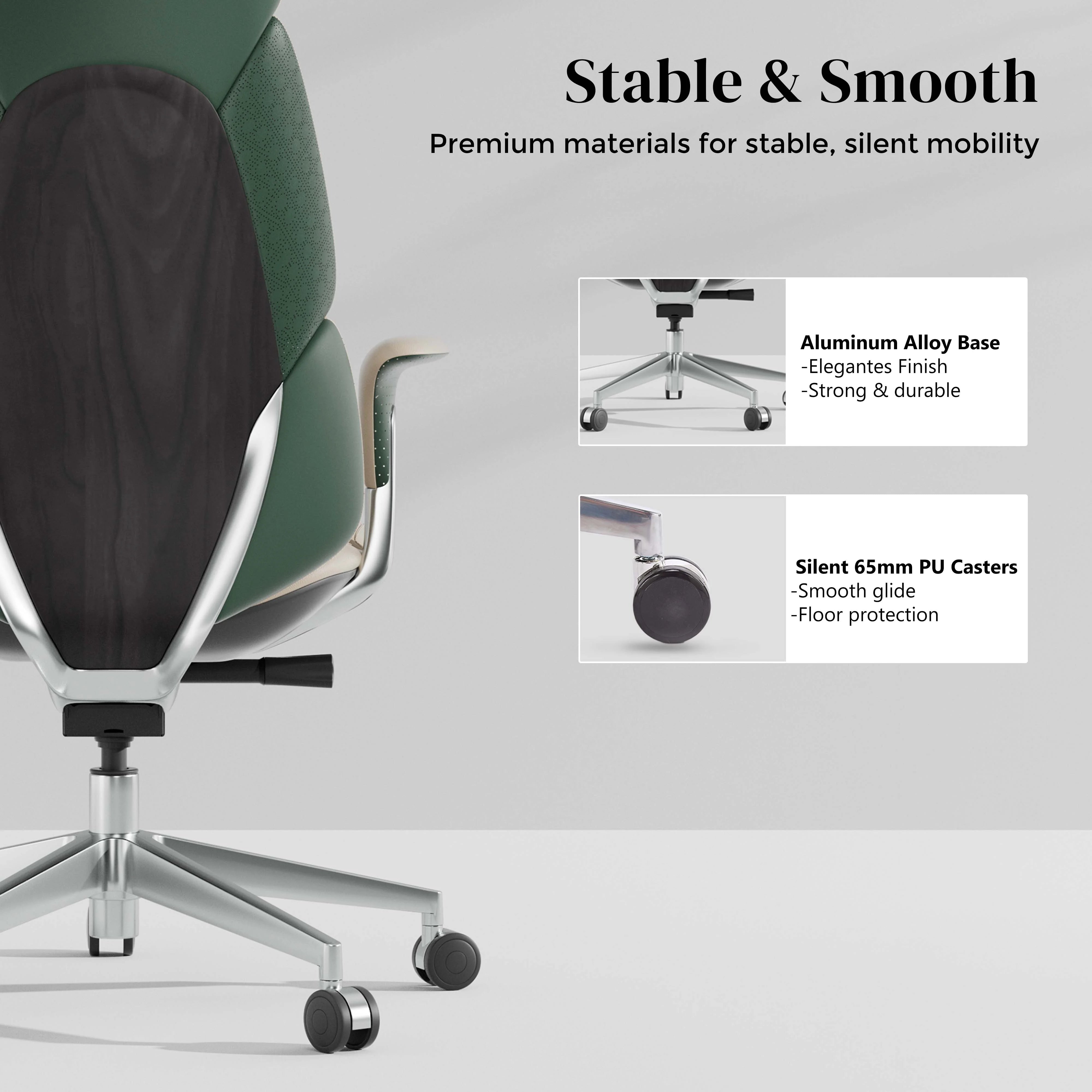 Green office chair base close-up with armrest hardware and chrome casters