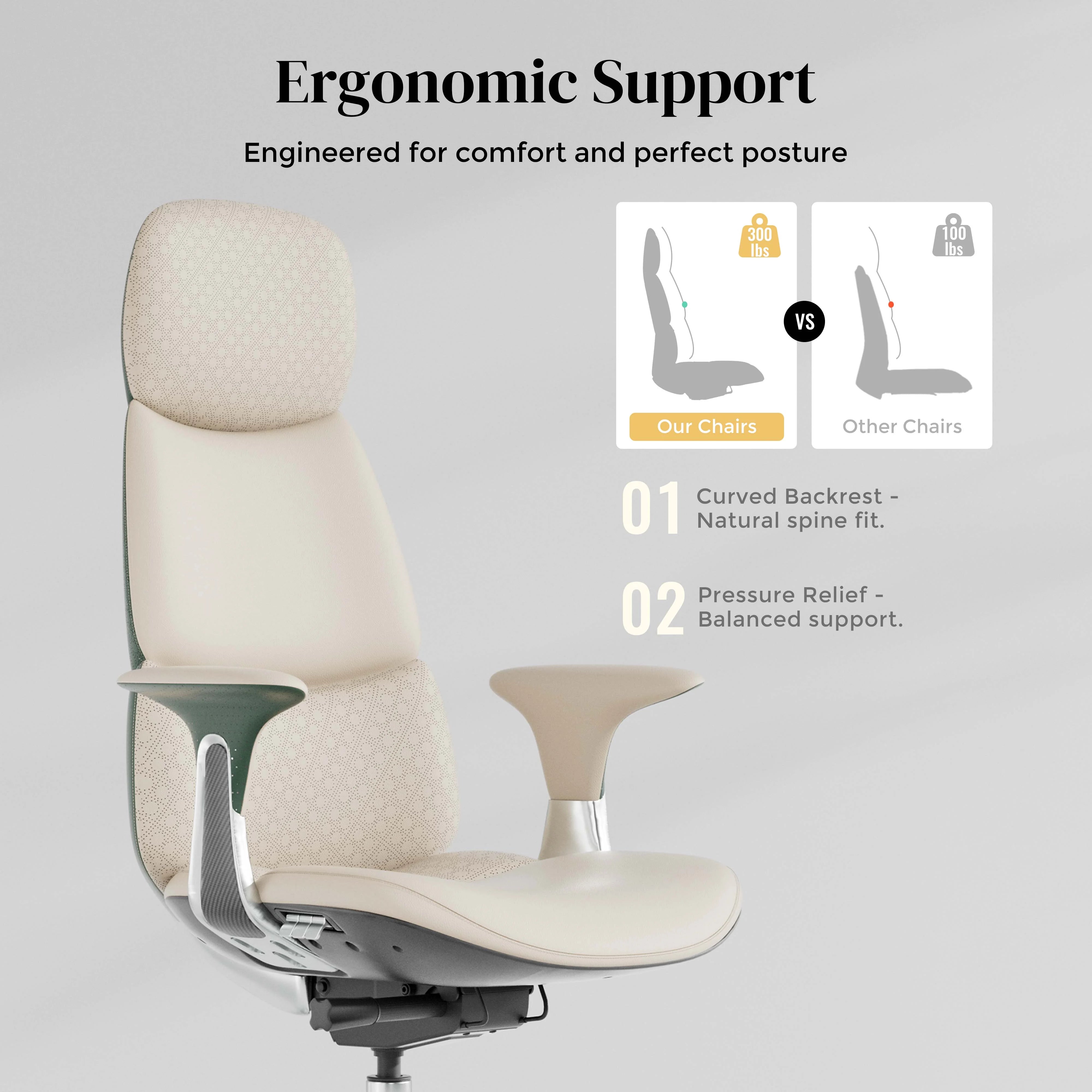 Beige leather ergonomic office chair with tall backrest and padded curved seat cushion