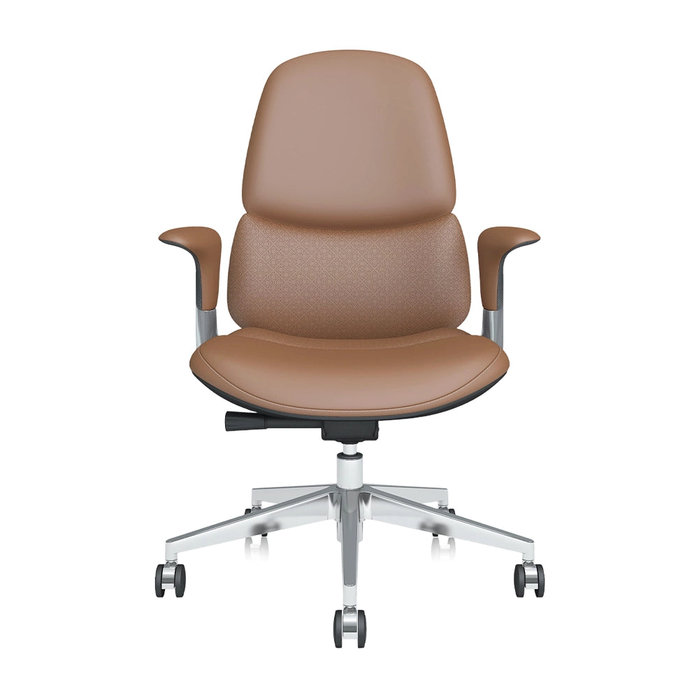 Mid-back leather office chair, tan seat and back with brown armrests