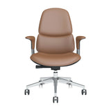 Mid-back leather office chair, tan seat and back with brown armrests