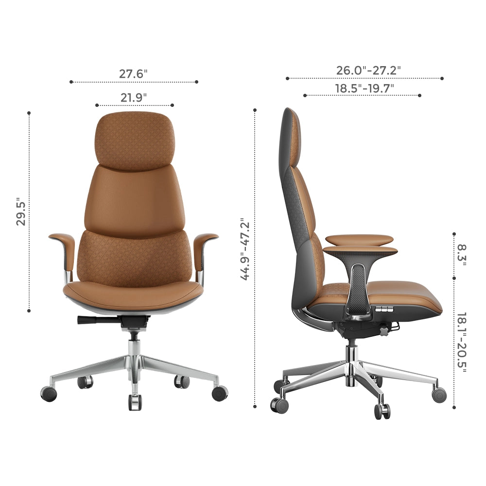 Nyla leather office chair dimensions view, brown upholstery, armrests and star base