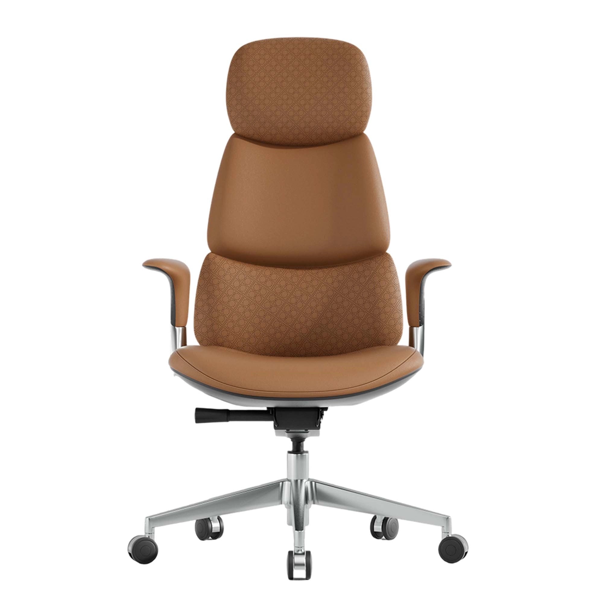 Brown leather office chair with headrest and lumbar padding, swivel base, five casters
