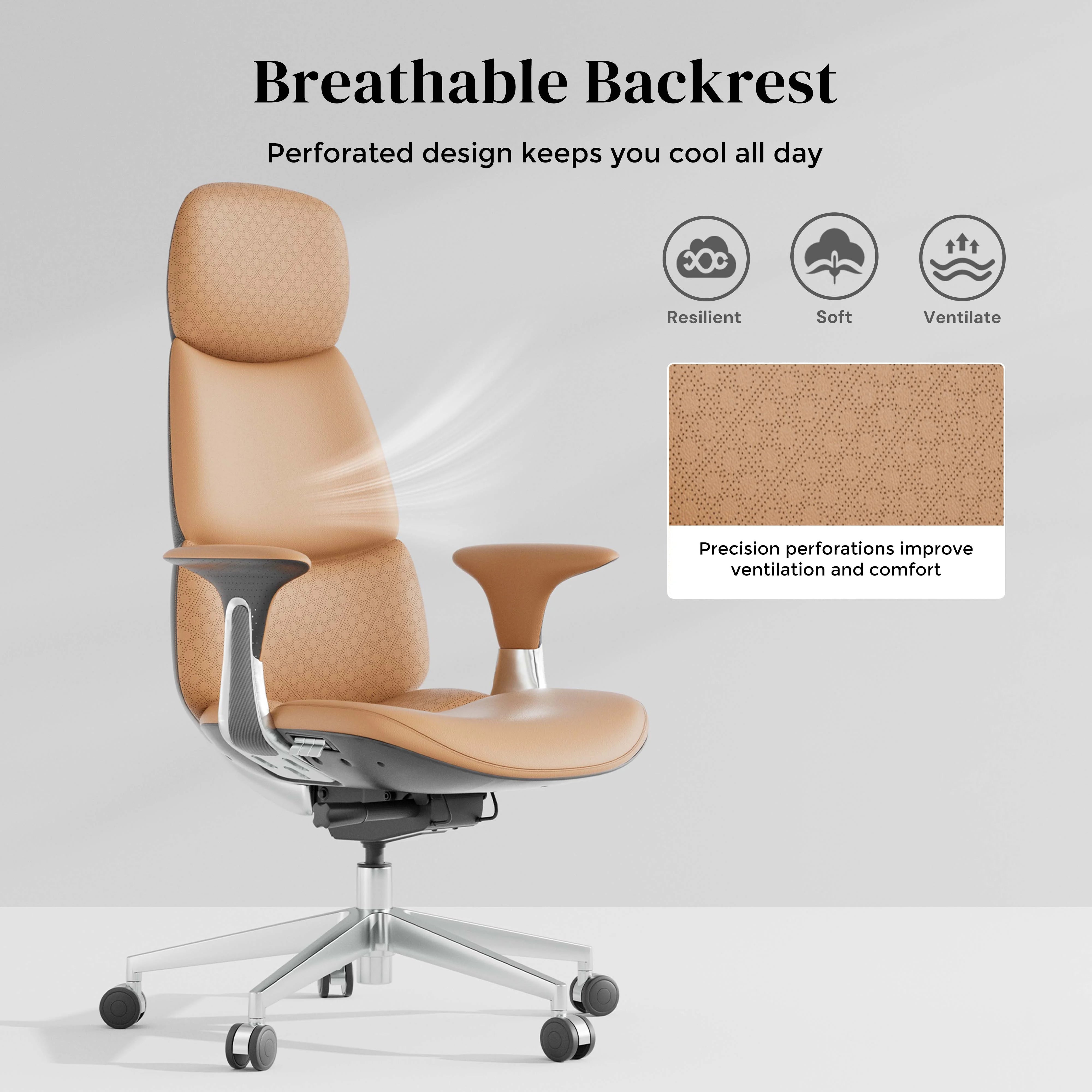 Leather office chair with perforated breathable backrest and padded tan seat