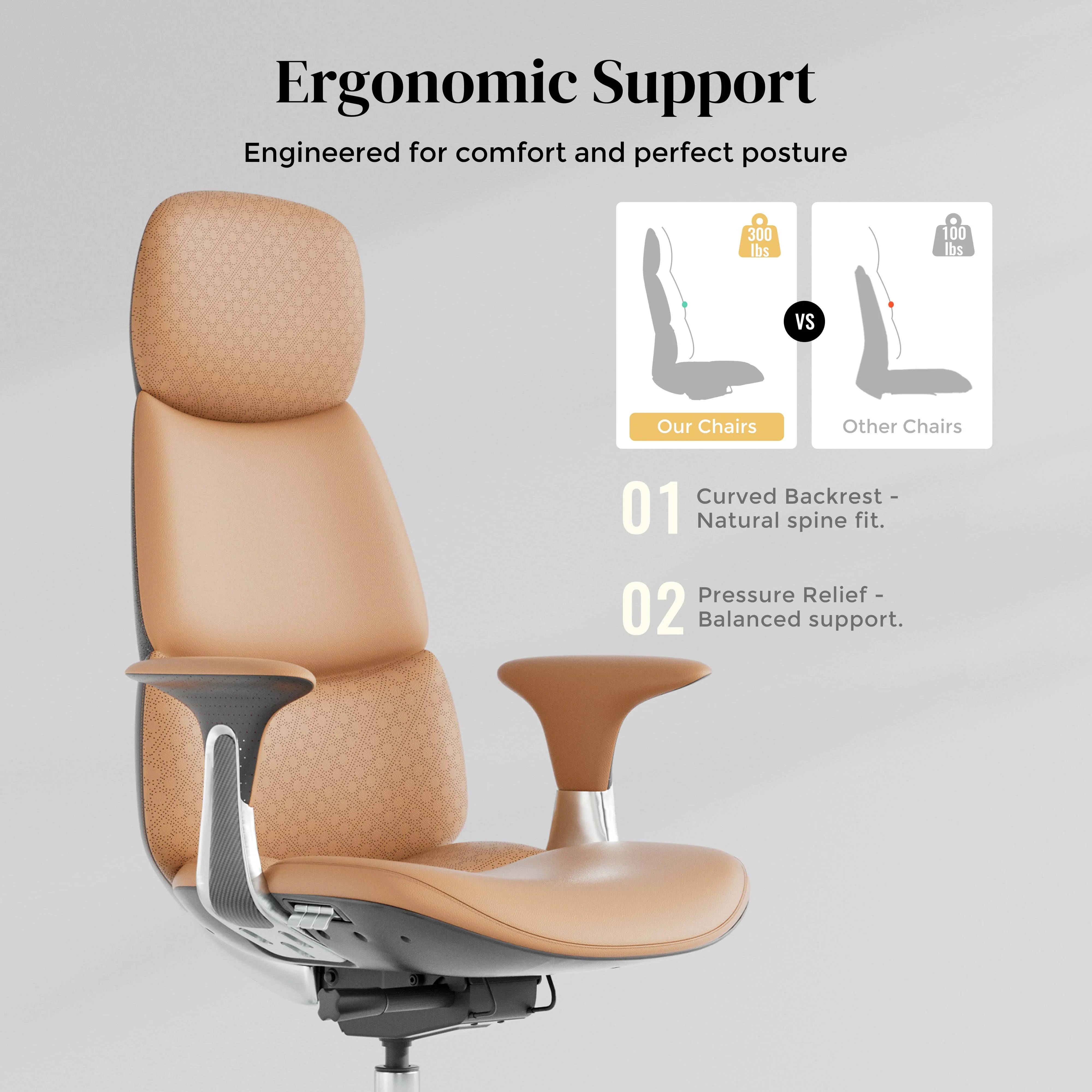 Leather office chair with ergonomic backrest, adjustable seat, and chrome frame
