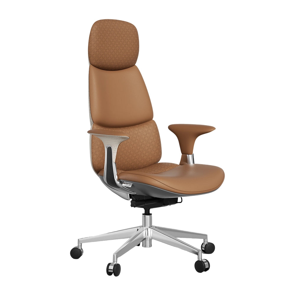 Tan office chair with padded headrest, armrests, and chrome base with casters