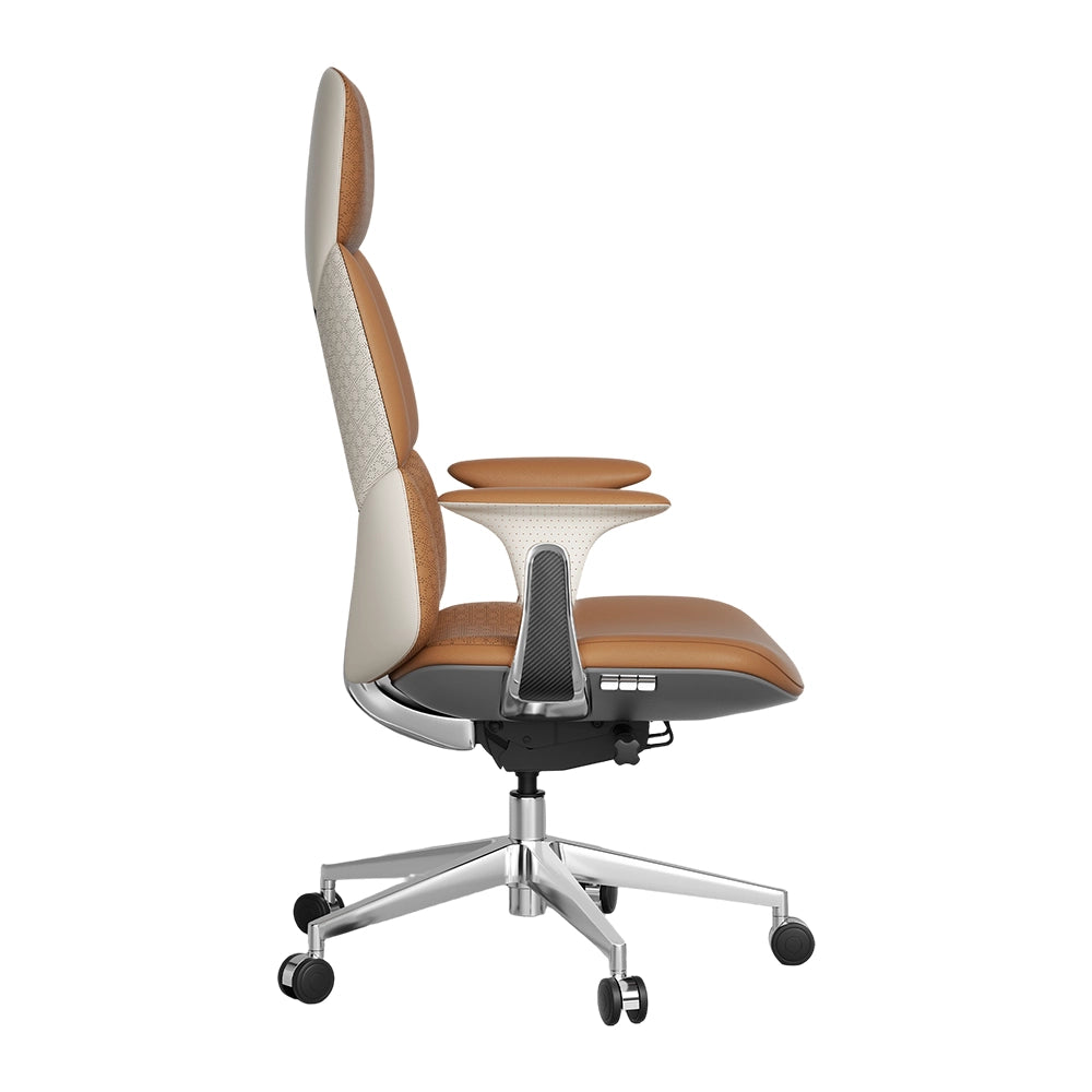 Brown and cream leather office chair, side view with headrest and curved seat, rolling chrome base